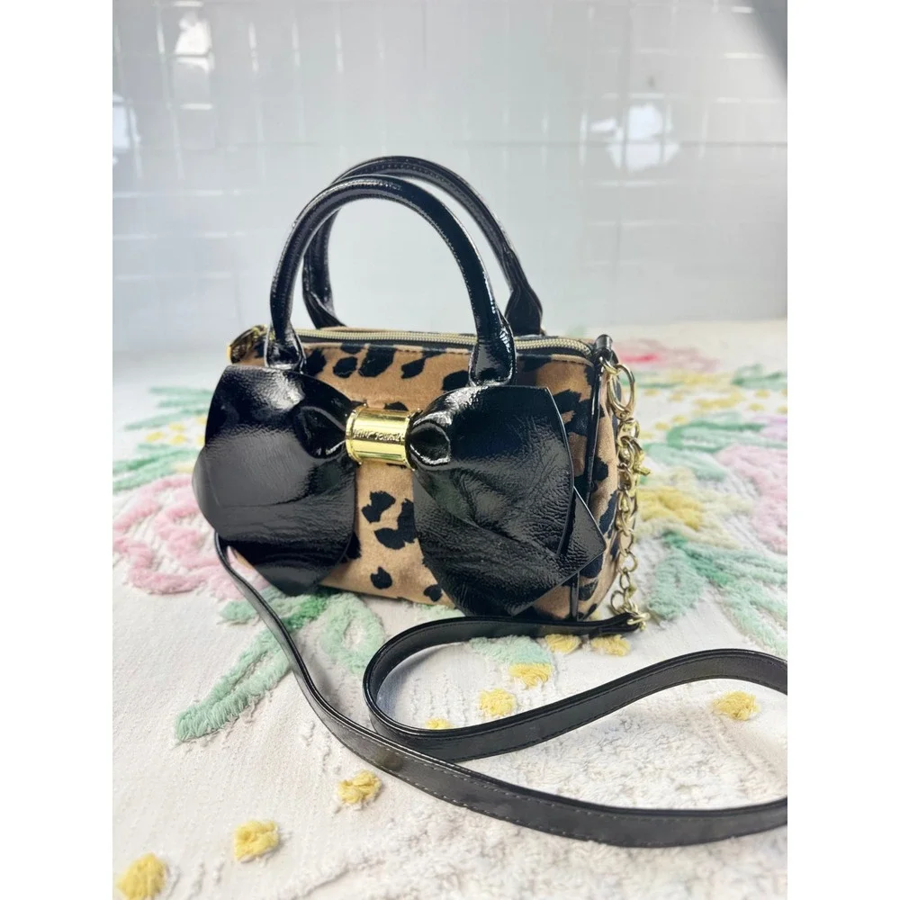 Betsey Johnson Leopard Print Mini Satchel Black Patent Bow Crossbody Bag